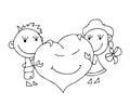 Coloring book for kids - smiling boy and girl hold a big heart. Valentines day. 14 February. Black and white cute cartoon hand dra Royalty Free Stock Photo